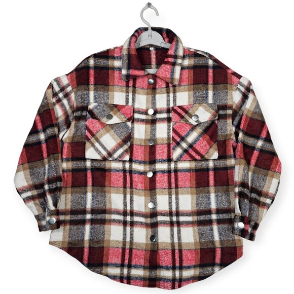 Oversized Red & Beige Plaid Flannel Button-Down Shirt Size S Dual Chest Pockets - Picture 1 of 9